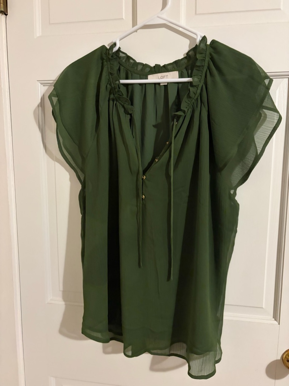 LOFT Olive Green Tie-Neck Ruffle Blouse